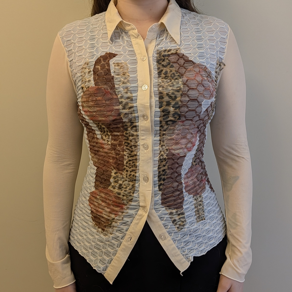 Sheer Beige Button-Down Blouse with Floral & Leopard Print